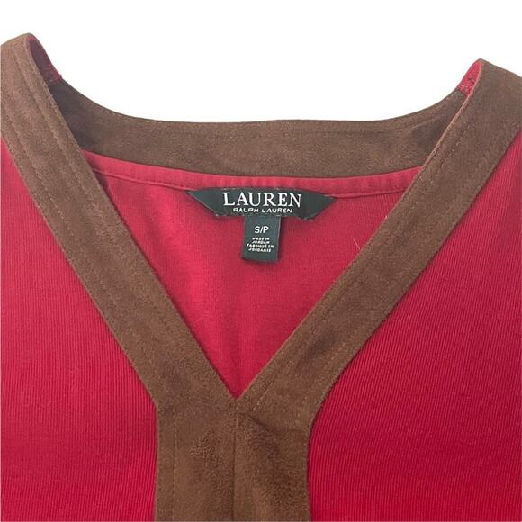 Lauren Ralph Lauren Size Small Red Suede Trim Holiday V Neck Tunic Top - Picture 5 of 7